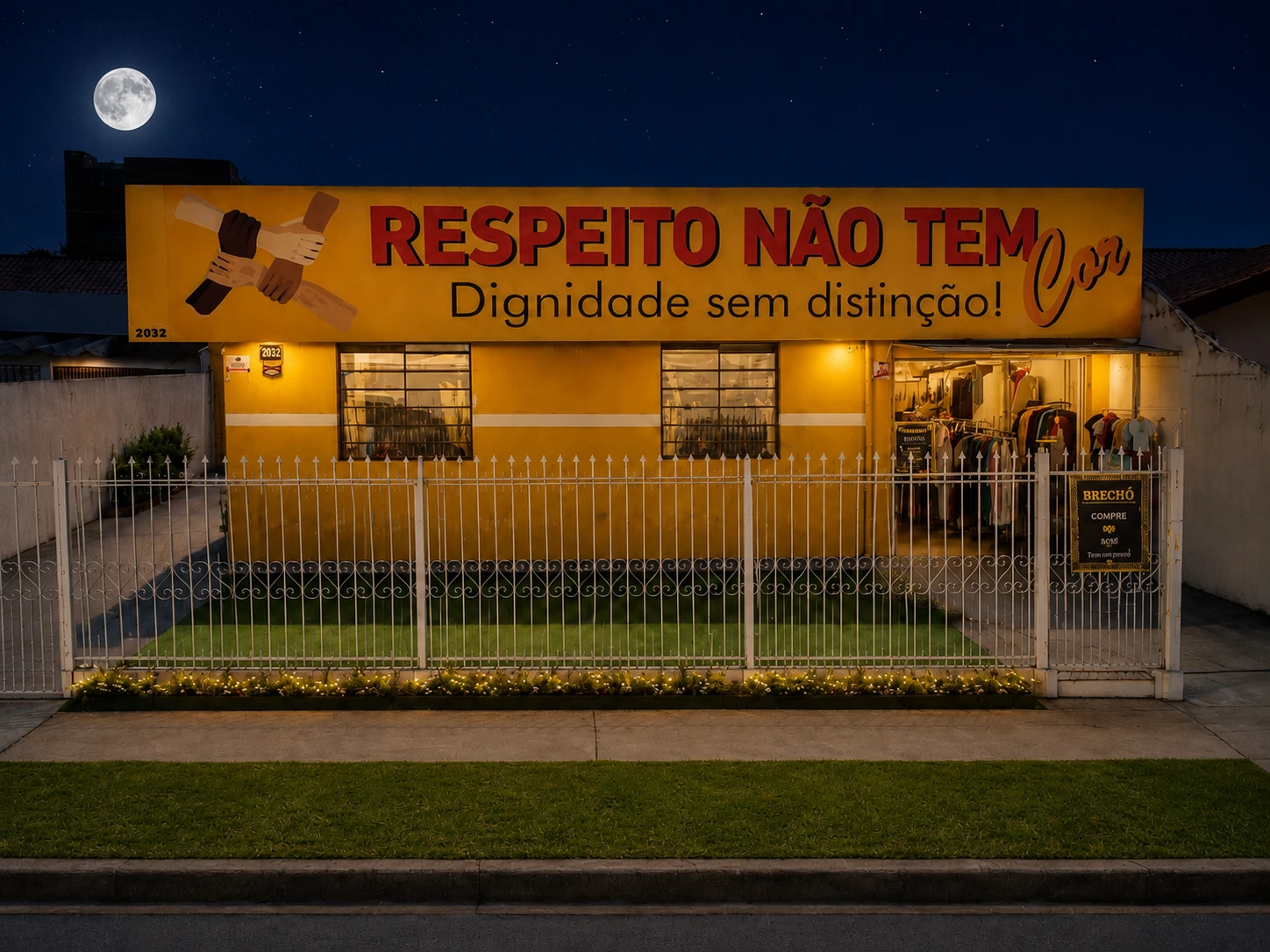 Faixada de noite da ONG Respeito Não Tem Cor